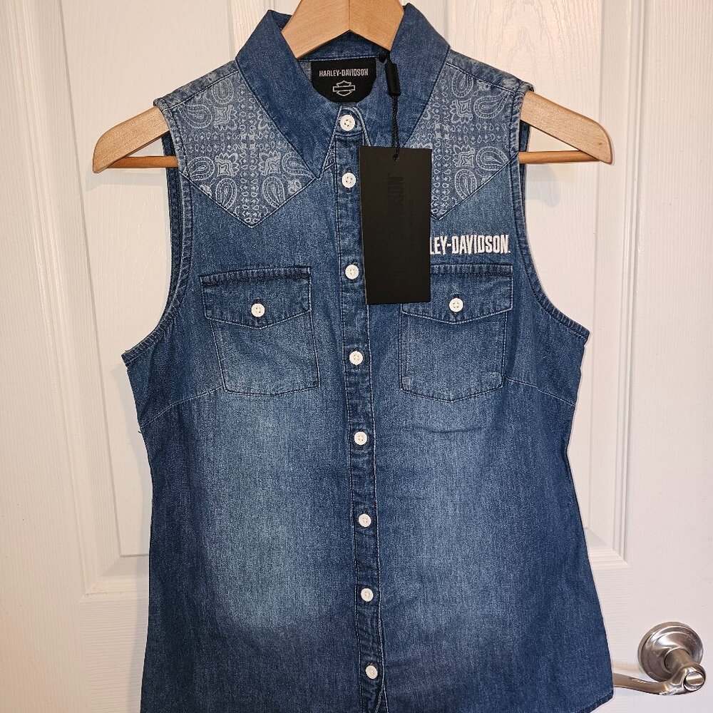 Harley Davidson Women's Liberty Bell Sleeveless Denim Shirt Blue Large NEW